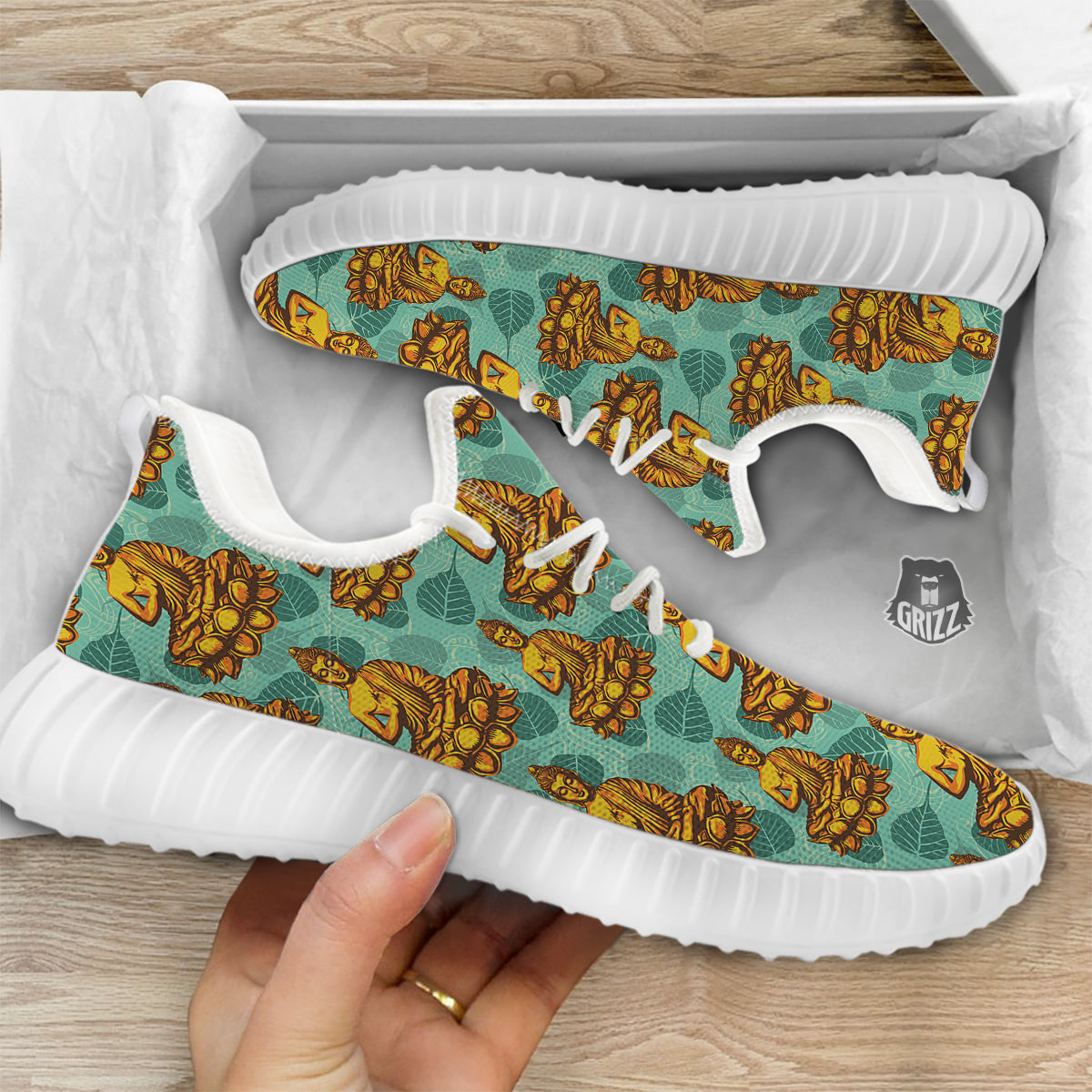 Buddha Sits On The Leaf Print Pattern White Walking Shoes-grizzshop