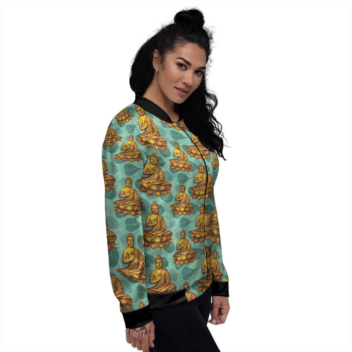 Buddha Sits On The Leaf Print Pattern Women's Bomber Jacket-grizzshop