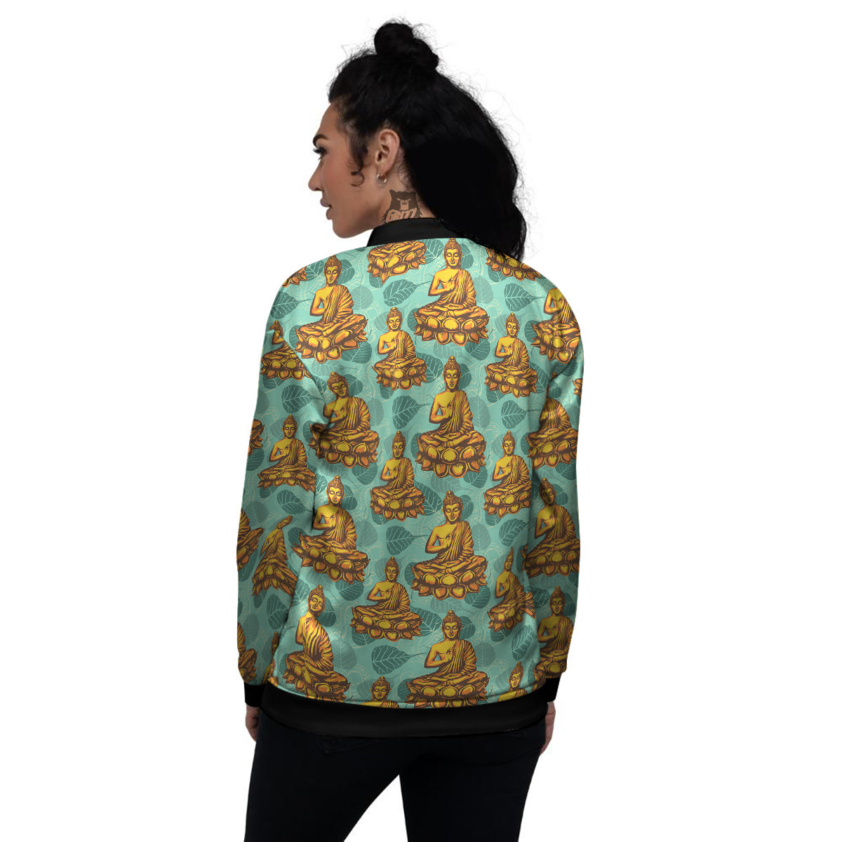 Buddha Sits On The Leaf Print Pattern Women's Bomber Jacket-grizzshop