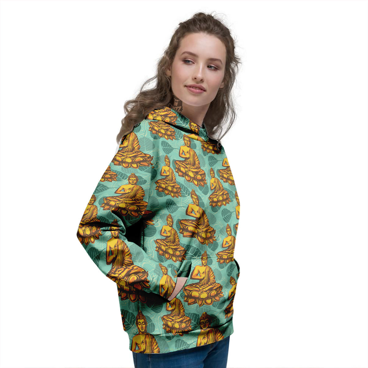 Buddha Sits On The Leaf Print Pattern Women's Hoodie-grizzshop
