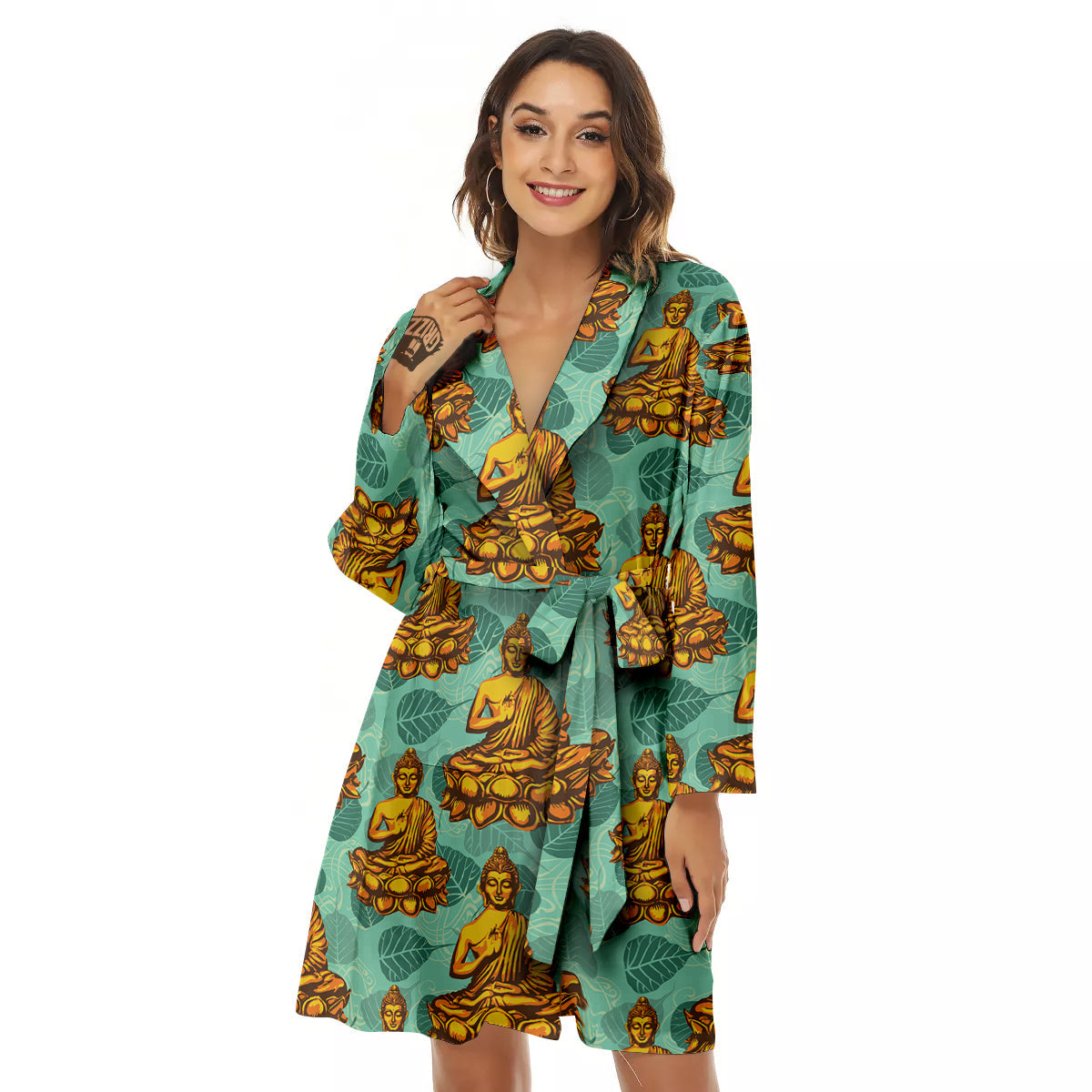Buddha Sits On The Leaf Print Pattern Women's Robe-grizzshop
