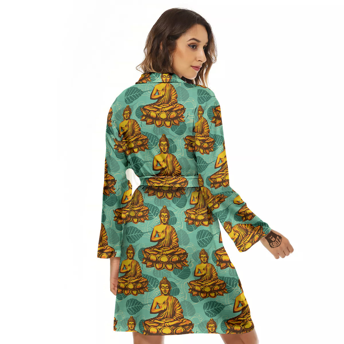 Buddha Sits On The Leaf Print Pattern Women's Robe-grizzshop