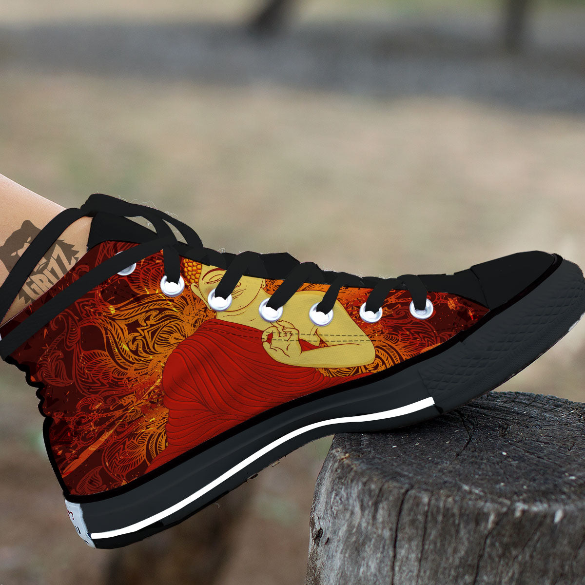 Buddha Statue Vintage Print Black High Top Shoes-grizzshop