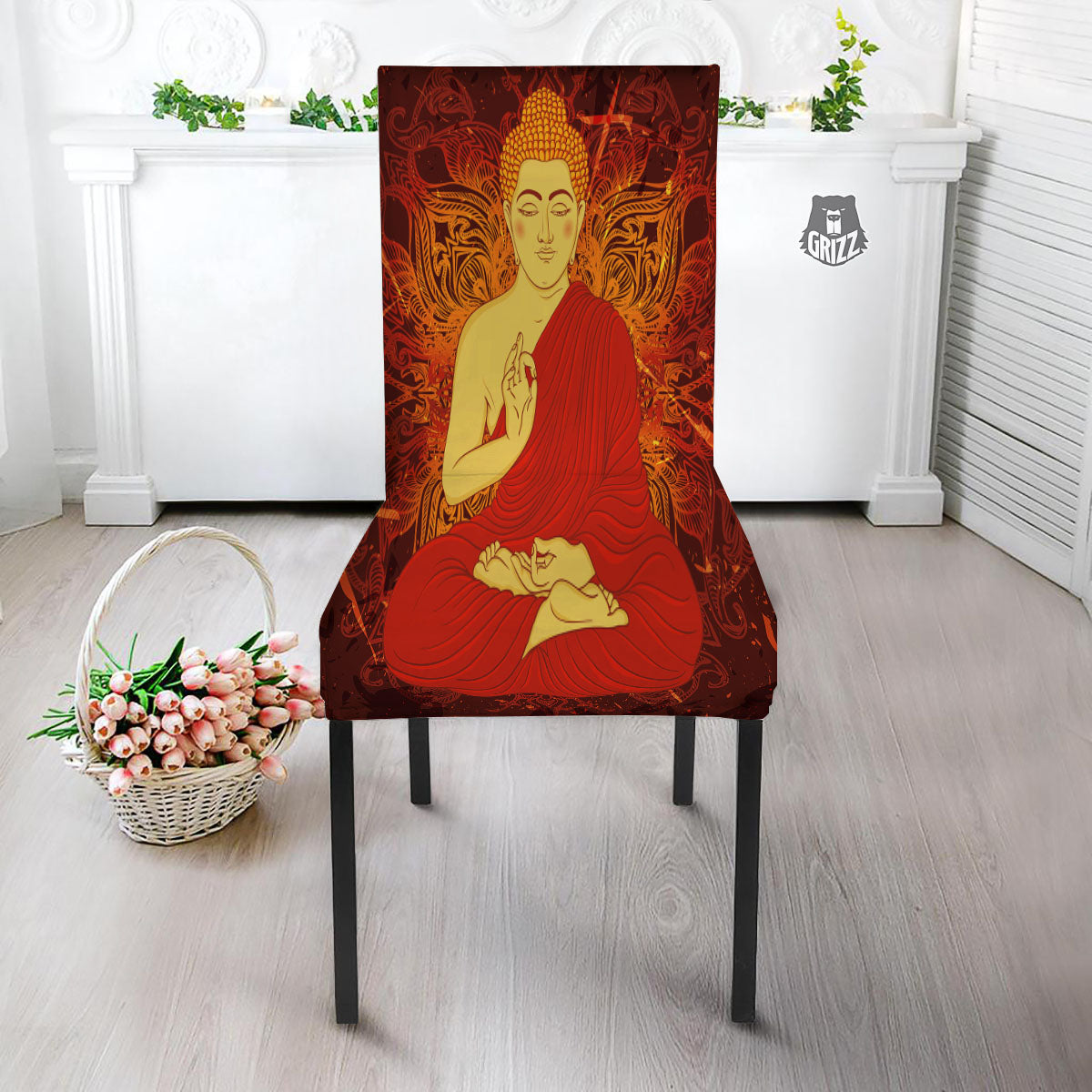 Buddha Statue Vintage Print Dining Chair Slipcover-grizzshop