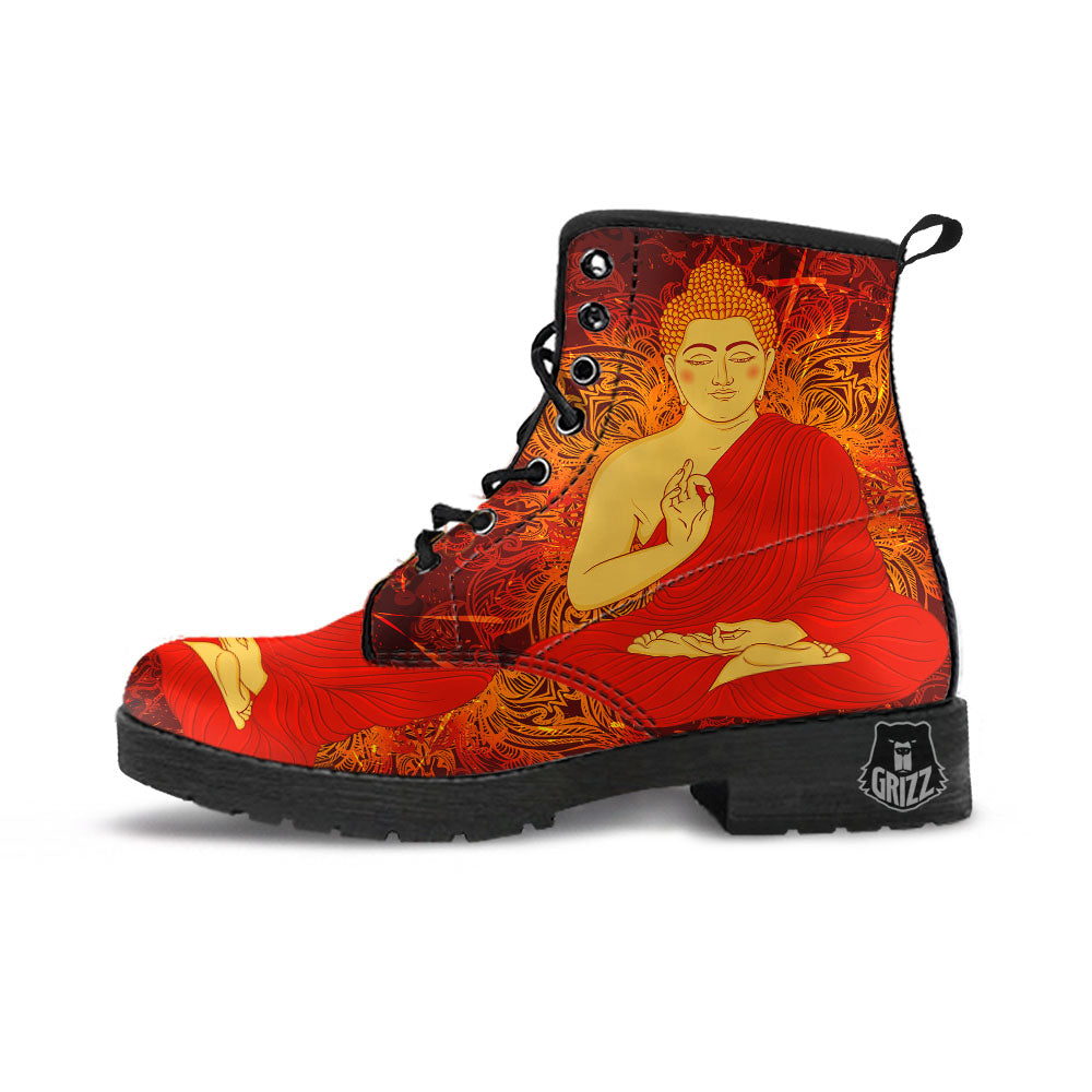 Buddha Statue Vintage Print Leather Boots-grizzshop