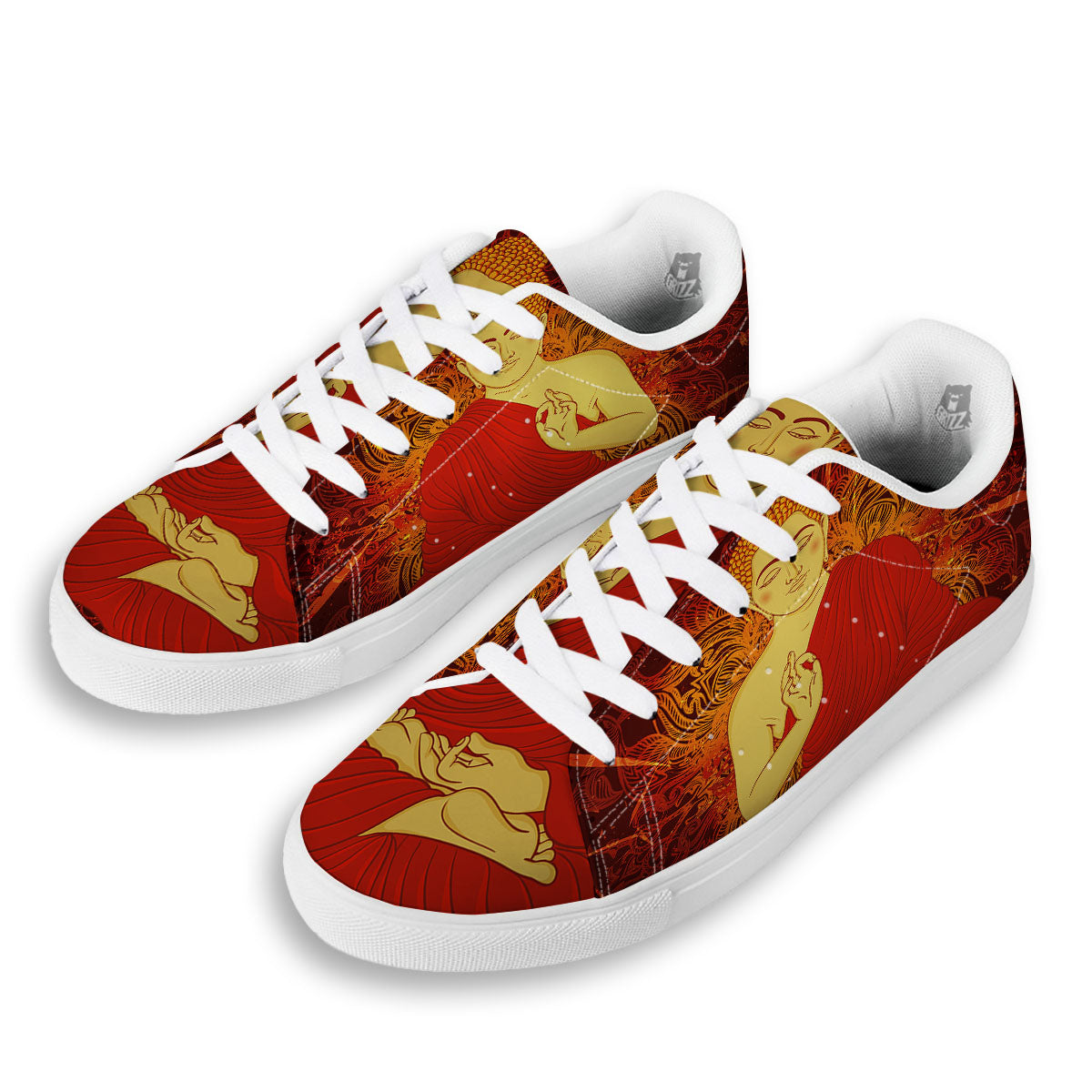 Buddha Statue Vintage Print White Low Top Sneakers-grizzshop
