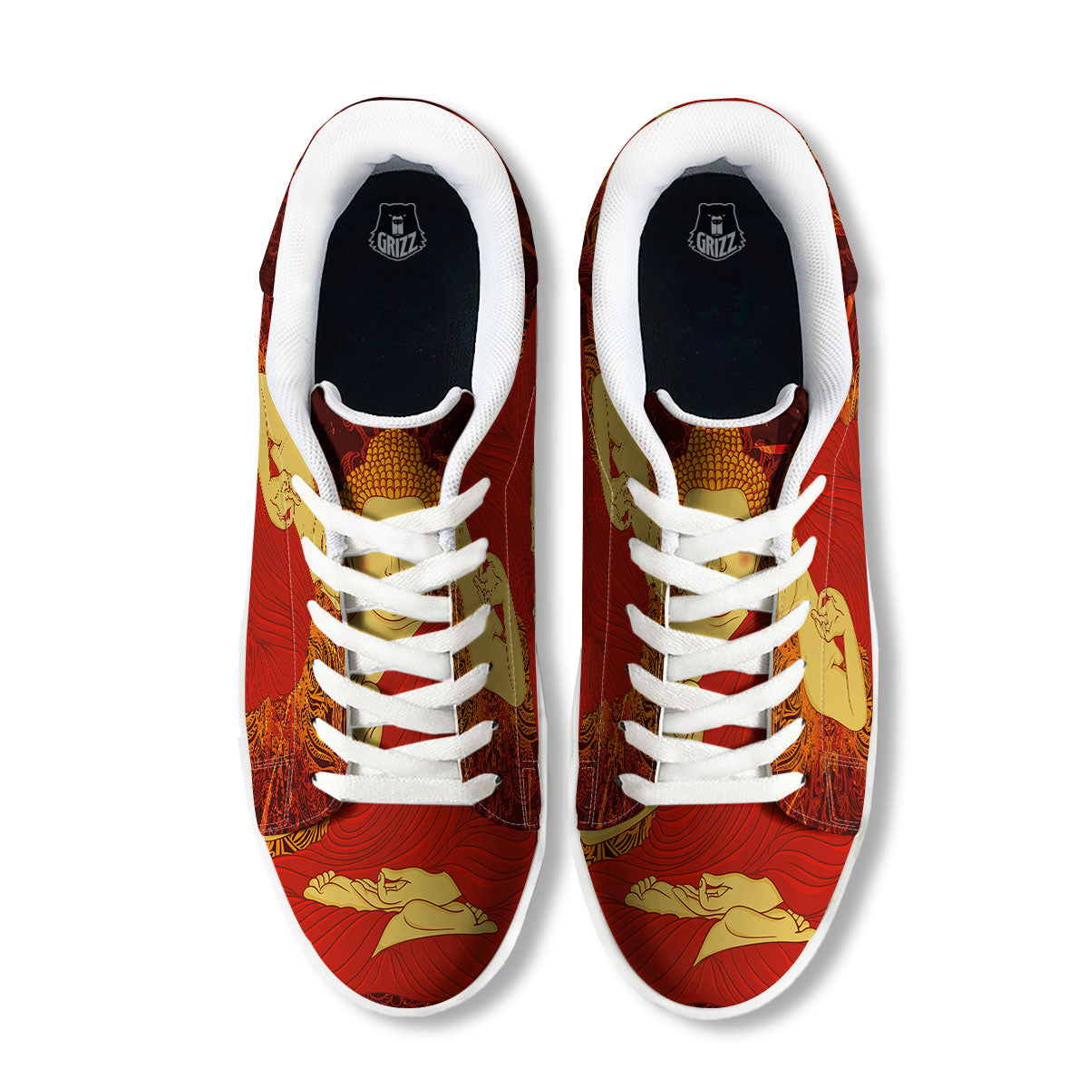 Buddha Statue Vintage Print White Low Top Sneakers-grizzshop