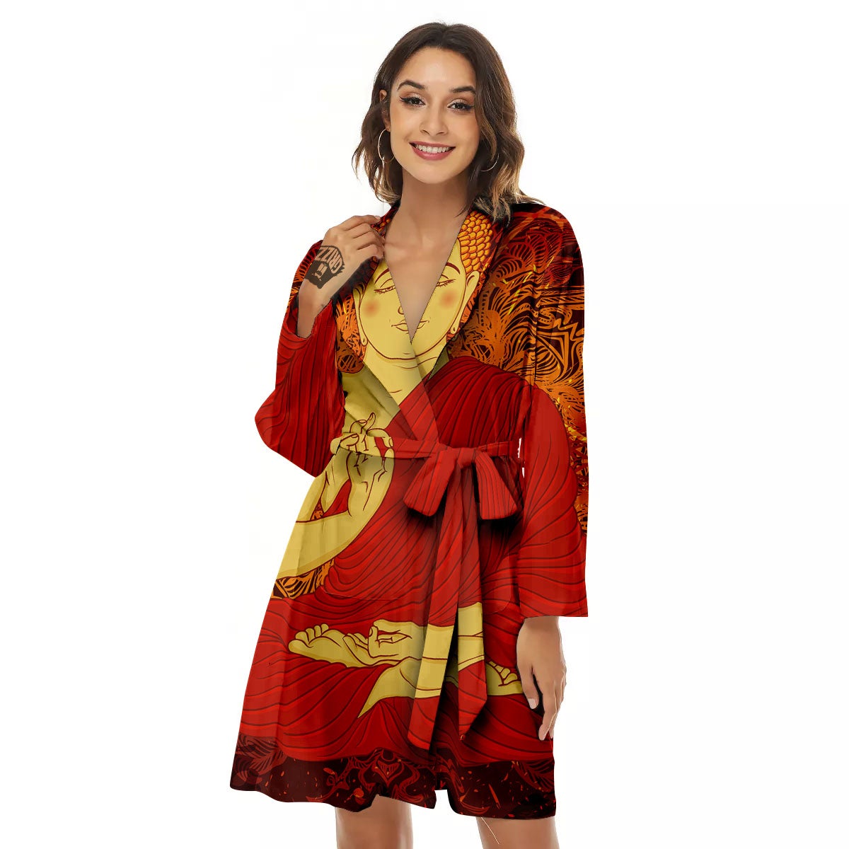 Buddha Statue Vintage Print Women's Robe-grizzshop