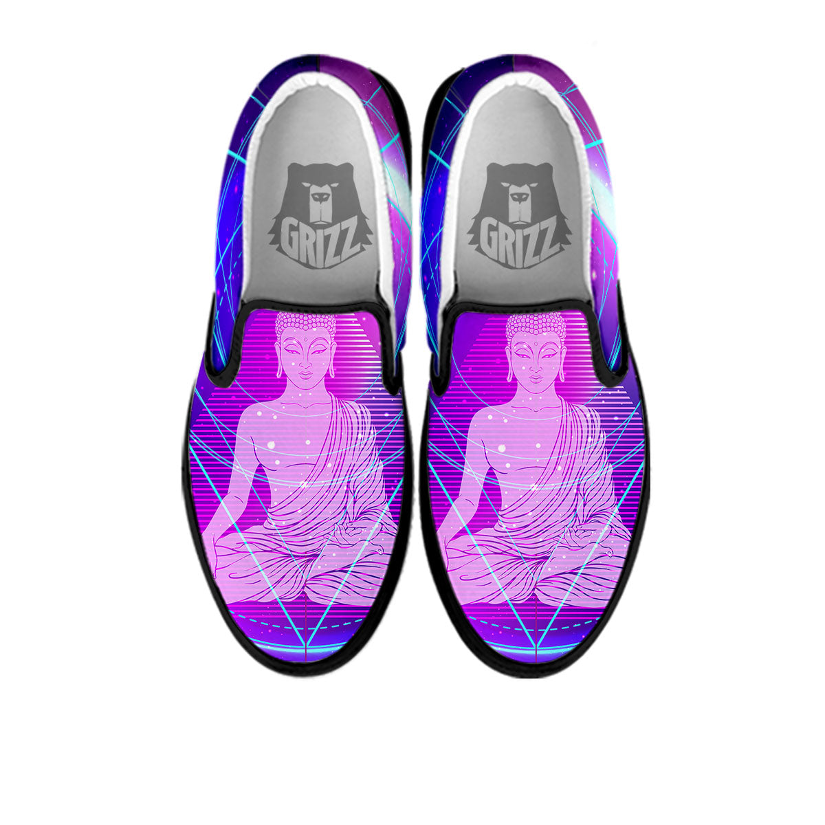 Buddha Teal And Purple Print Black Slip On Shoes-grizzshop