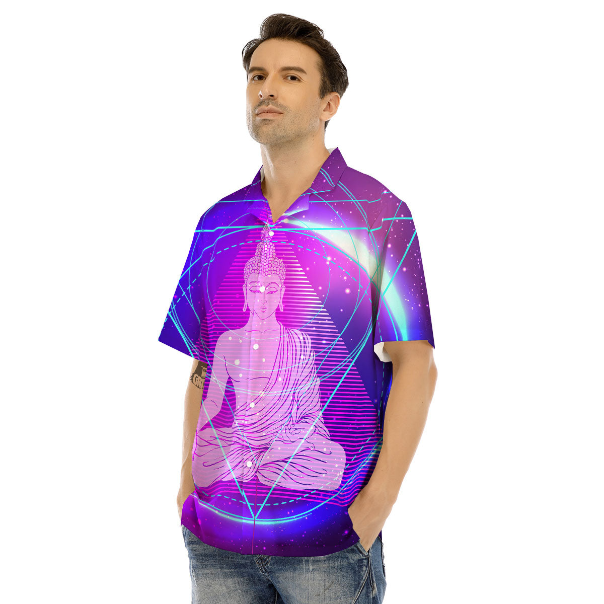 Buddha Teal And Purple Print Men's Hawaiian Shirt-grizzshop