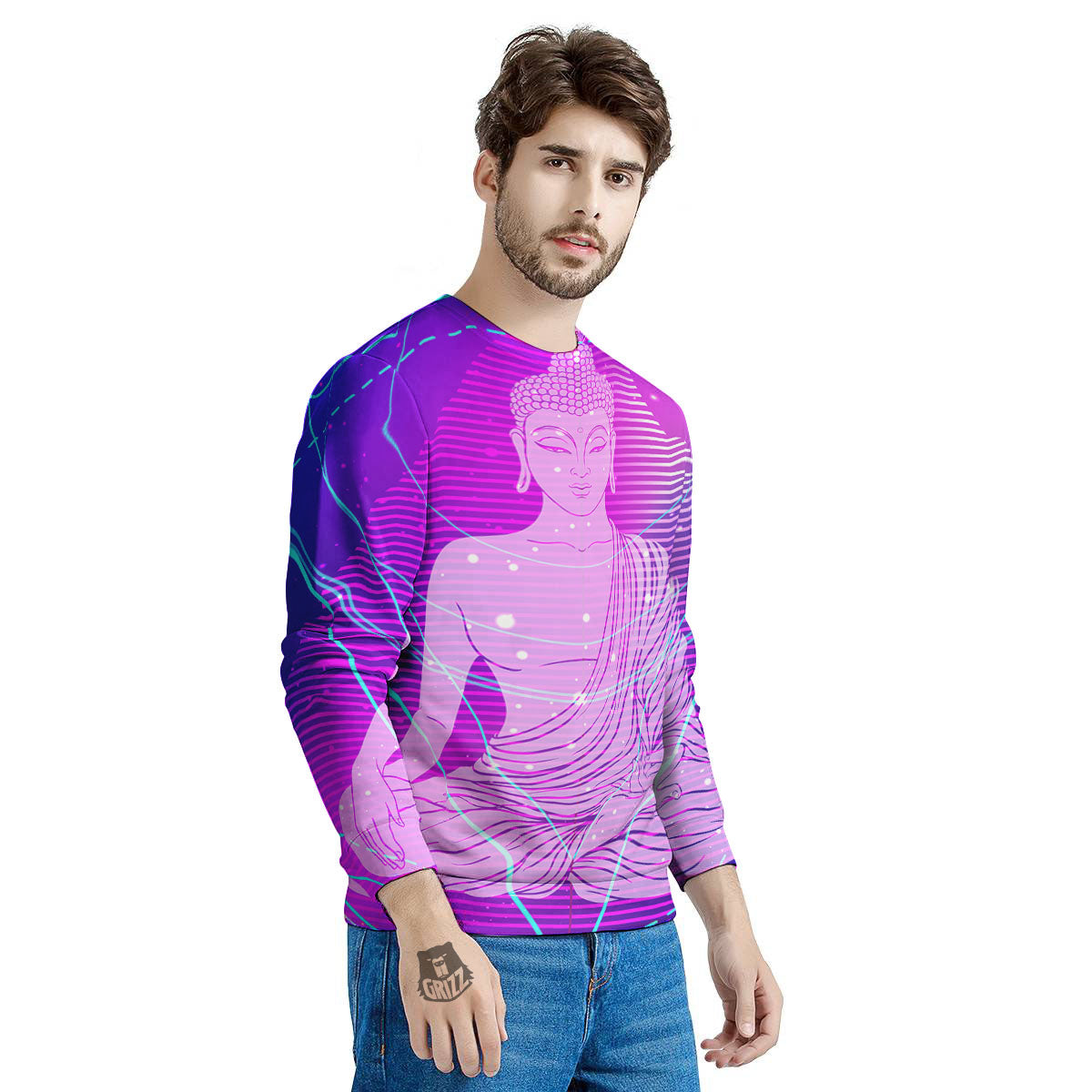 Buddha Teal And Purple Print Men's Sweatshirt-grizzshop
