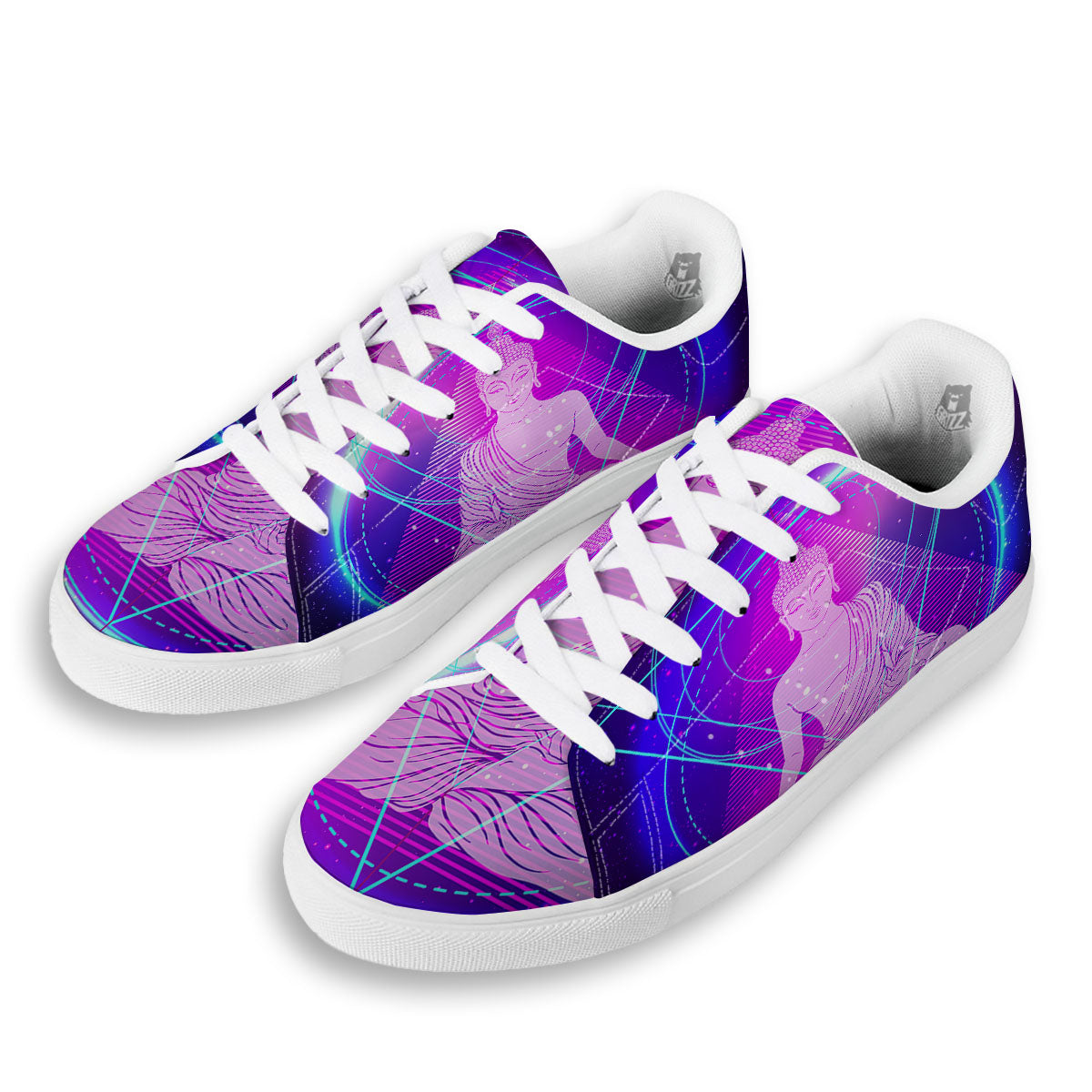 Buddha Teal And Purple Print White Low Top Sneakers-grizzshop