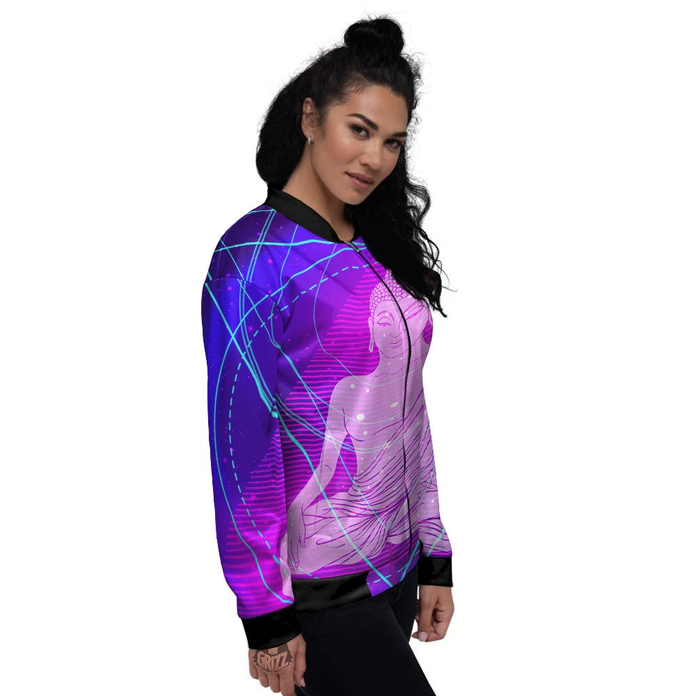 Buddha Teal And Purple Print Women's Bomber Jacket-grizzshop