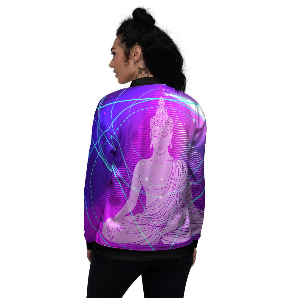 Buddha Teal And Purple Print Women's Bomber Jacket-grizzshop