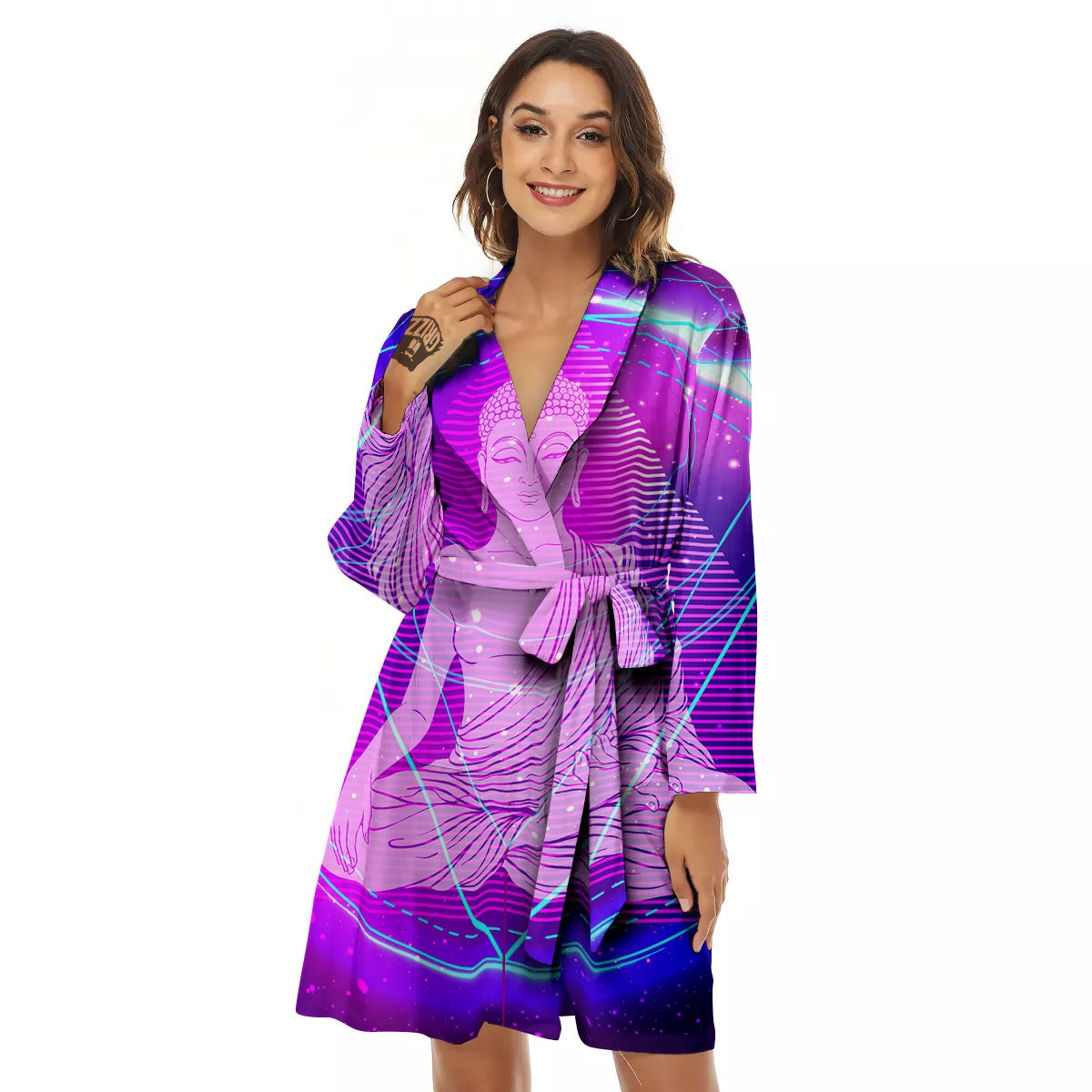 Buddha Teal And Purple Print Women's Robe-grizzshop
