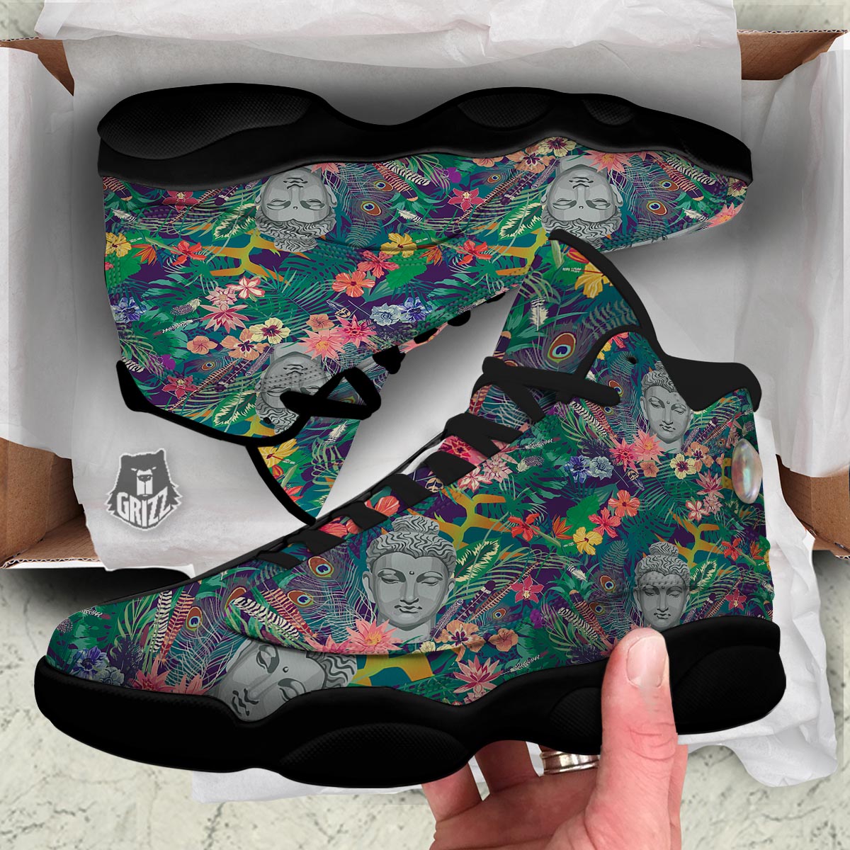 Buddha Tropical Print Pattern Black Basketball Shoes-grizzshop