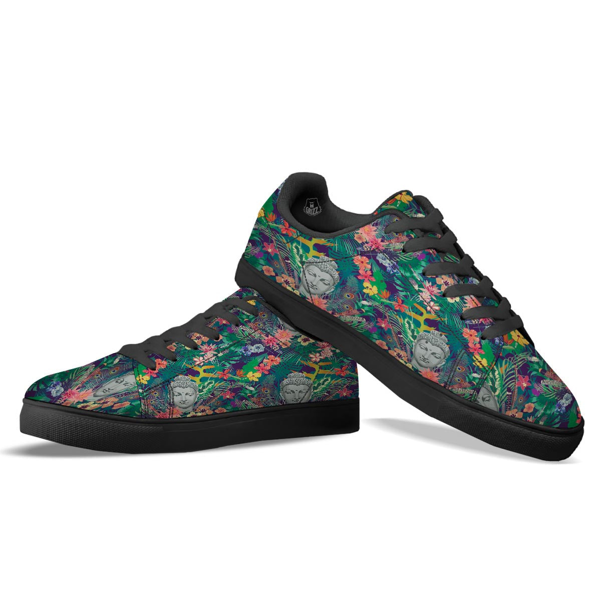 Buddha Tropical Print Pattern Black Low Top Sneakers-grizzshop