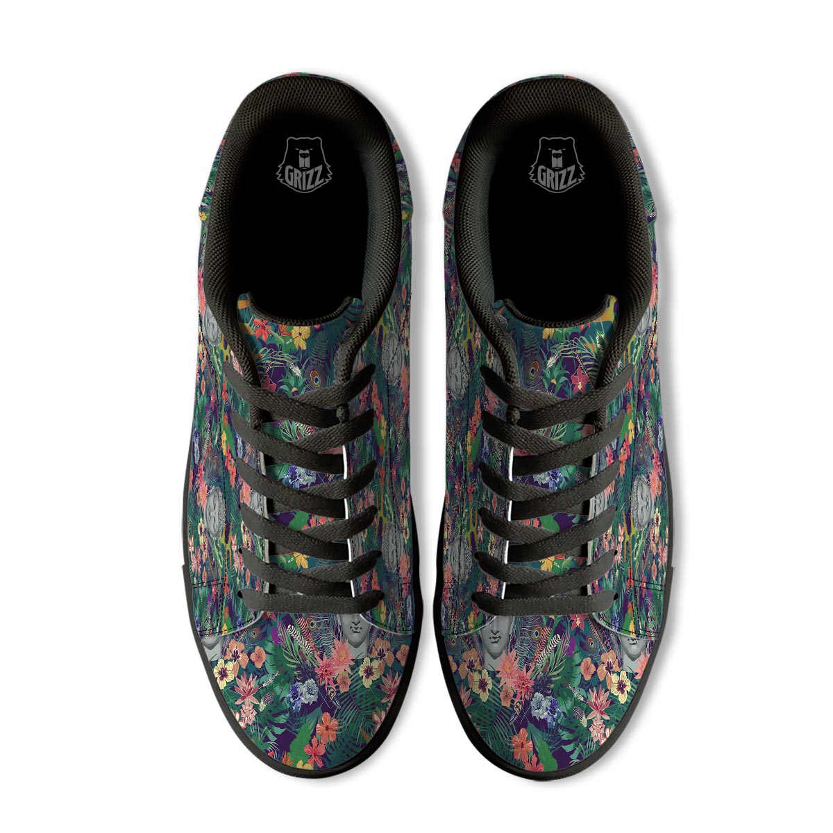 Buddha Tropical Print Pattern Black Low Top Sneakers-grizzshop