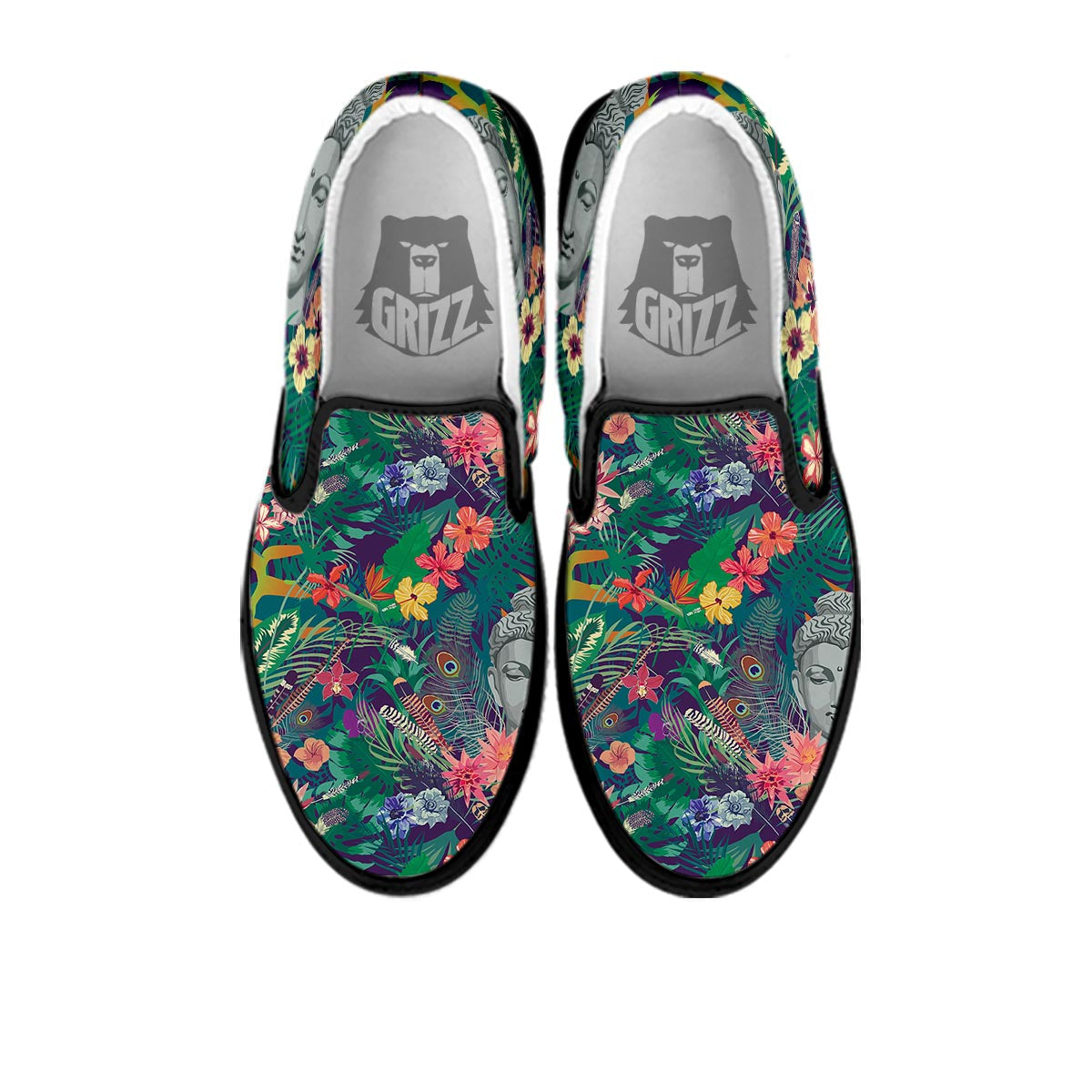 Buddha Tropical Print Pattern Black Slip On Shoes-grizzshop