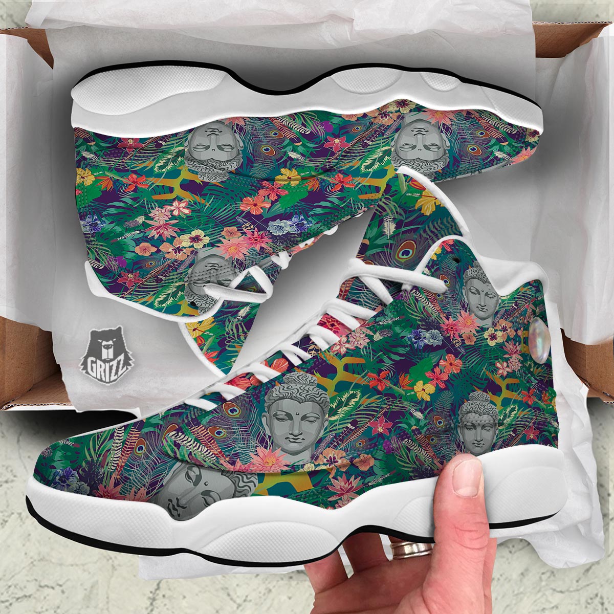 Buddha Tropical Print Pattern White Basketball Shoes-grizzshop