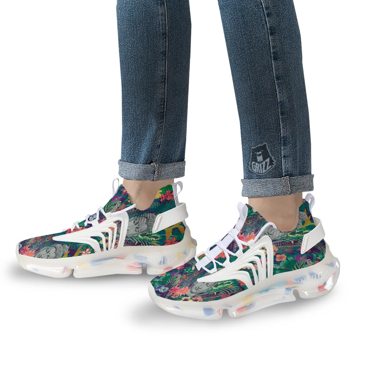 Buddha Tropical Print Pattern White Gym Shoes-grizzshop