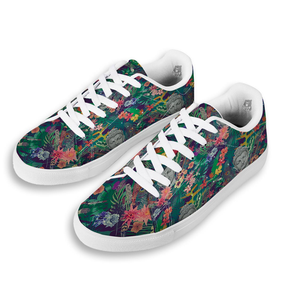 Buddha Tropical Print Pattern White Low Top Sneakers-grizzshop