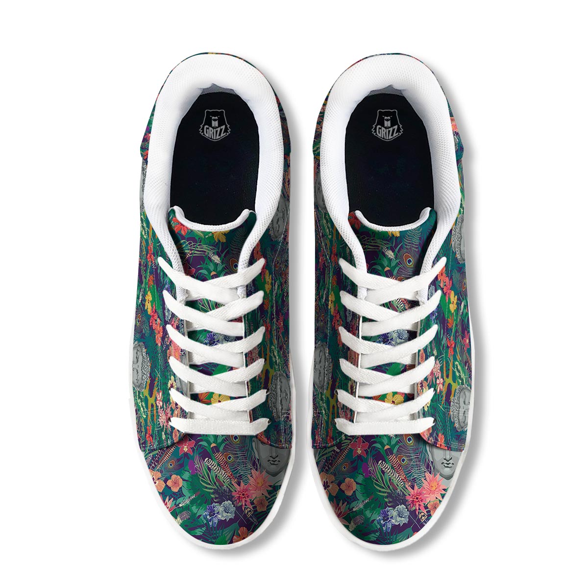 Buddha Tropical Print Pattern White Low Top Sneakers-grizzshop