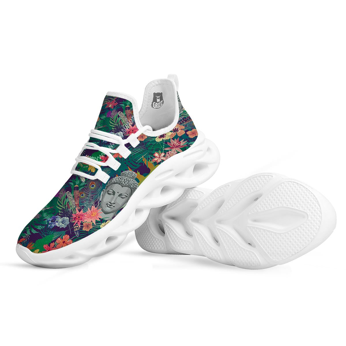 Buddha Tropical Print Pattern White Running Shoes-grizzshop
