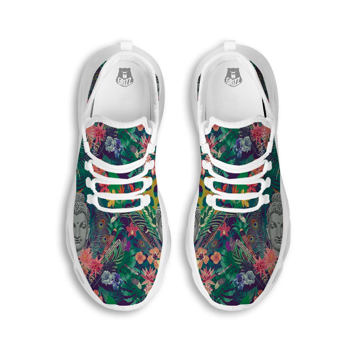 Buddha Tropical Print Pattern White Running Shoes-grizzshop