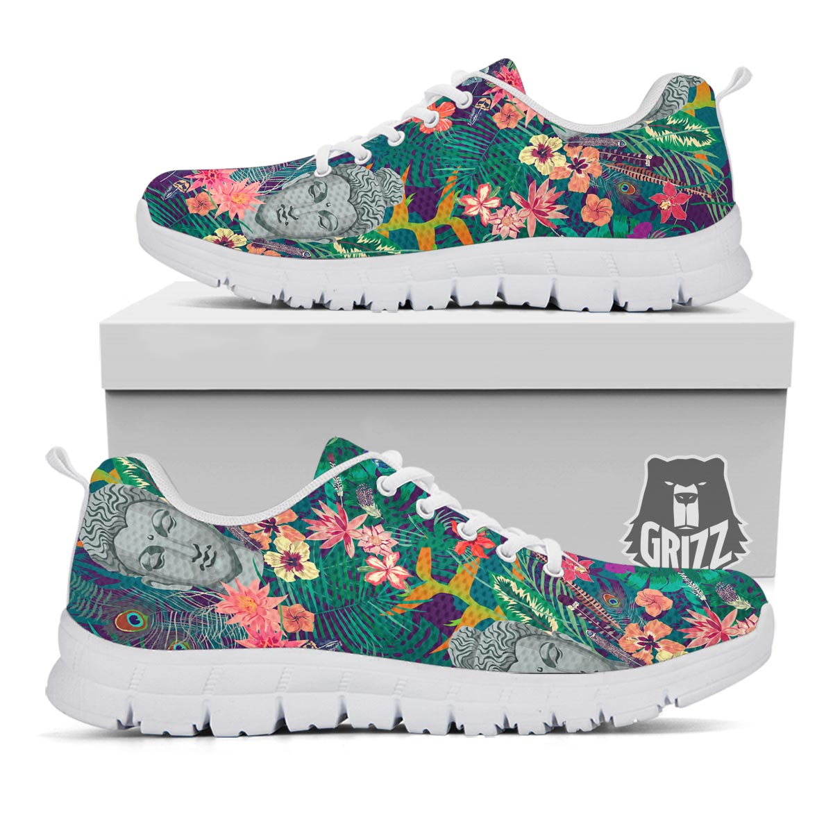 Buddha Tropical Print Pattern White Sneaker-grizzshop