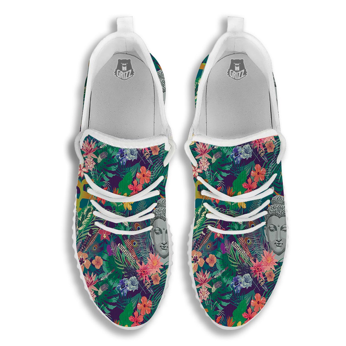 Buddha Tropical Print Pattern White Walking Shoes-grizzshop