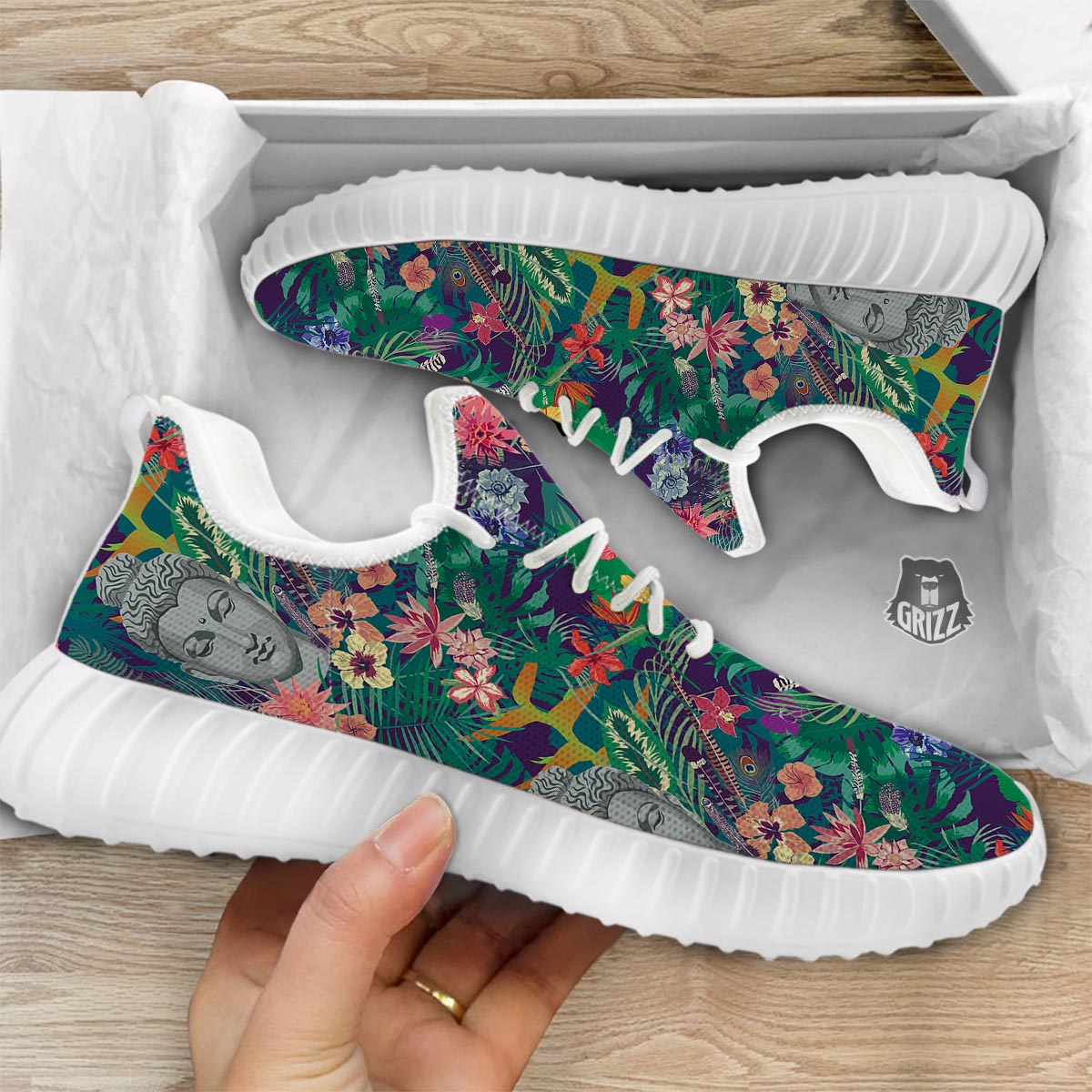 Buddha Tropical Print Pattern White Walking Shoes-grizzshop