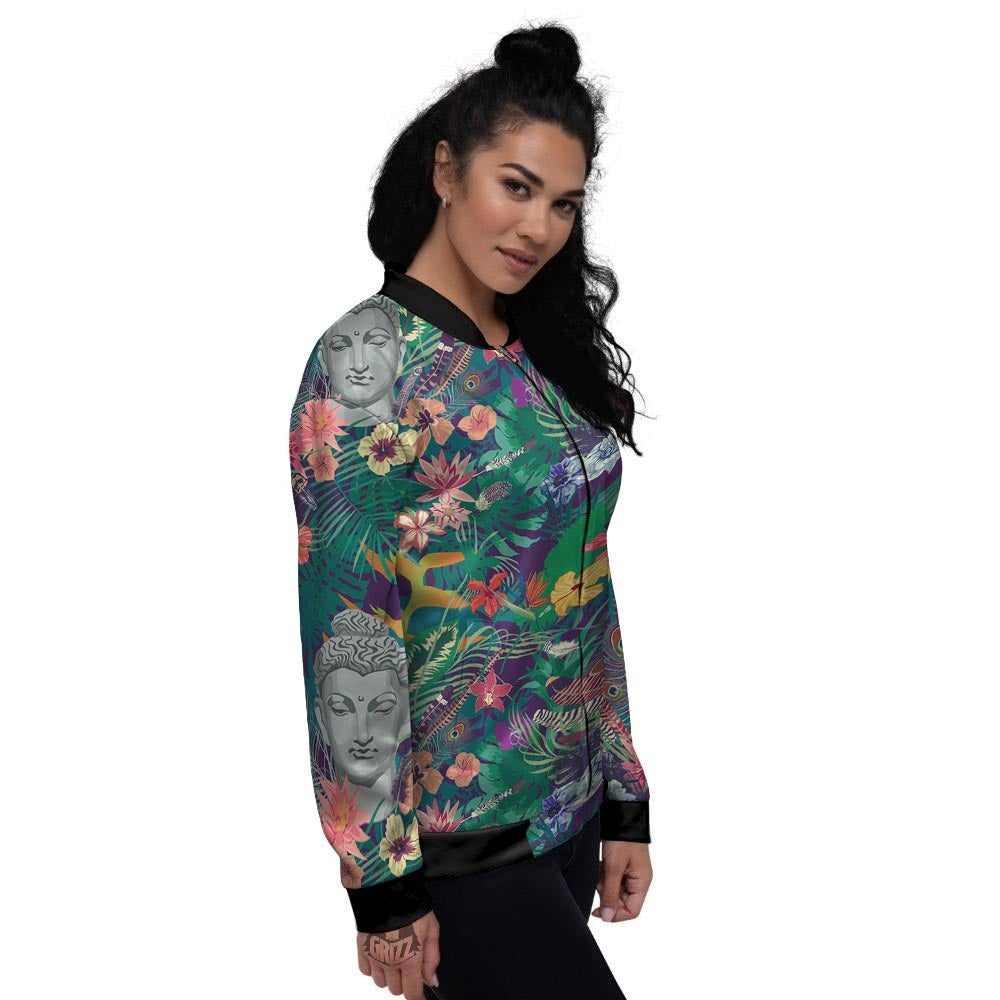 Buddha Tropical Print Pattern Women's Bomber Jacket-grizzshop