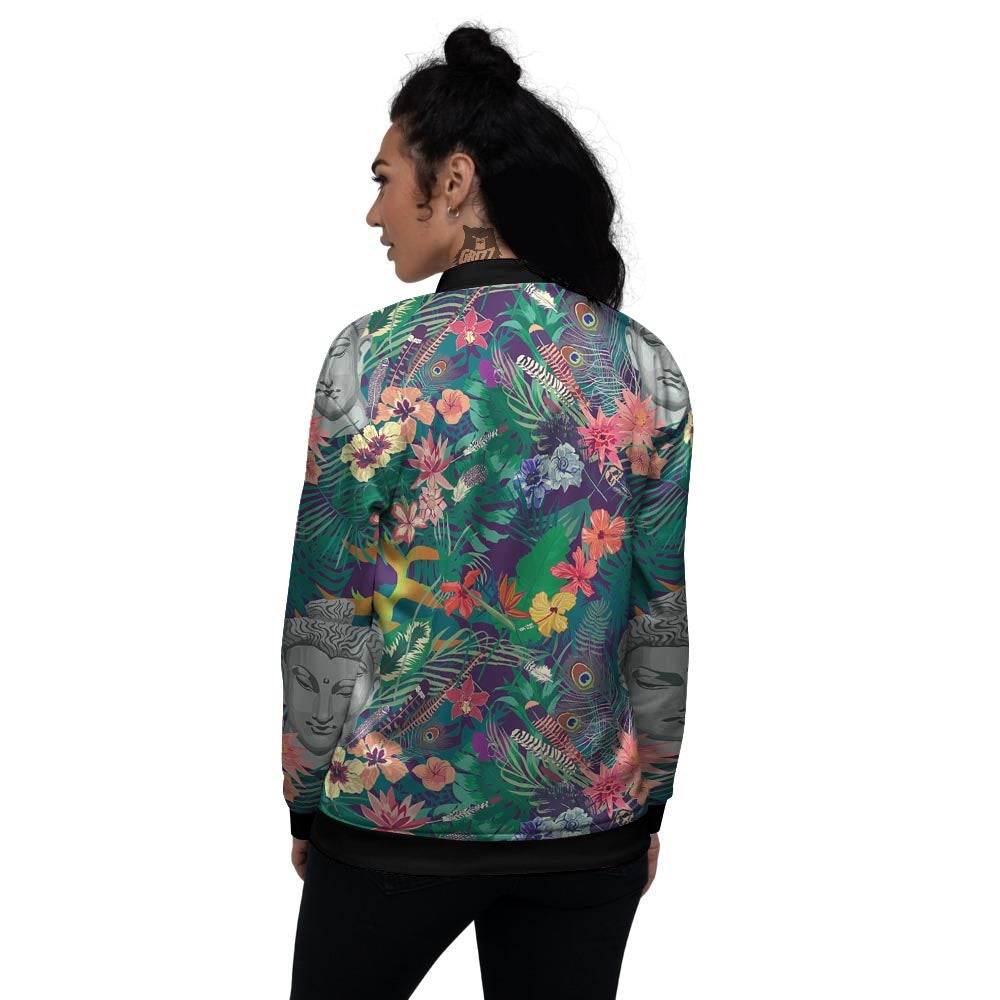 Buddha Tropical Print Pattern Women's Bomber Jacket-grizzshop