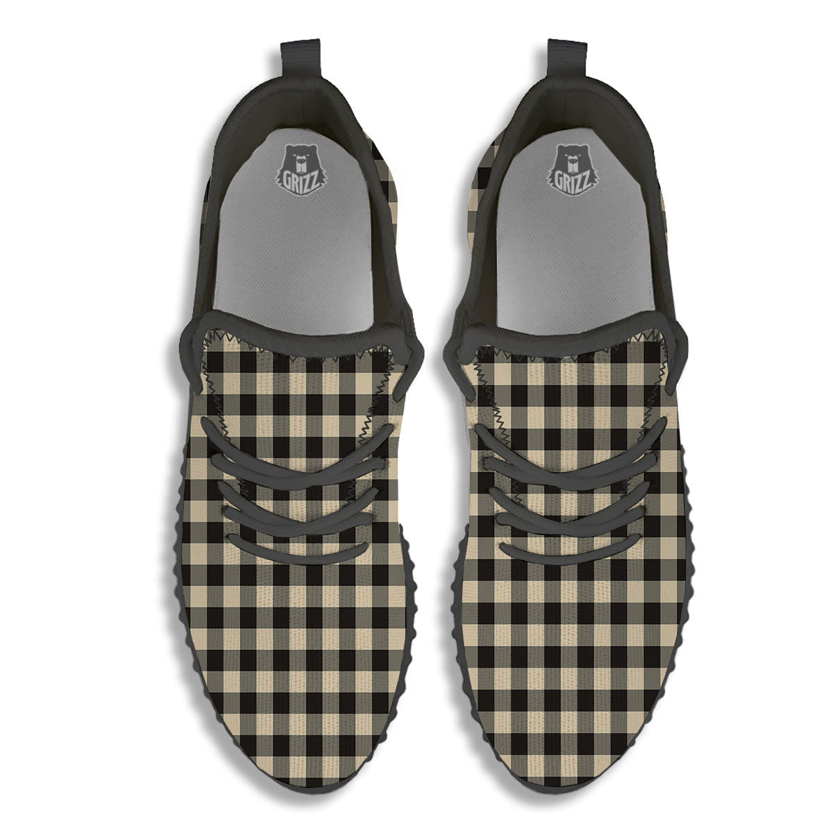 Buffalo Check Black And Beige Print Black Walking Shoes-grizzshop