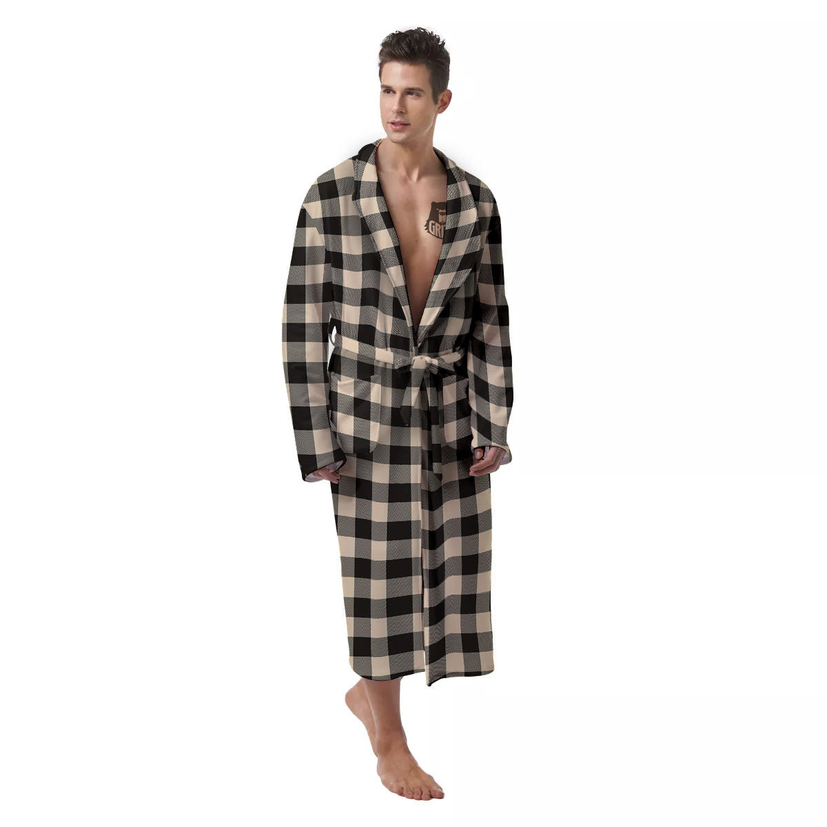 Buffalo Check Black And Beige Print Men's Robe-grizzshop