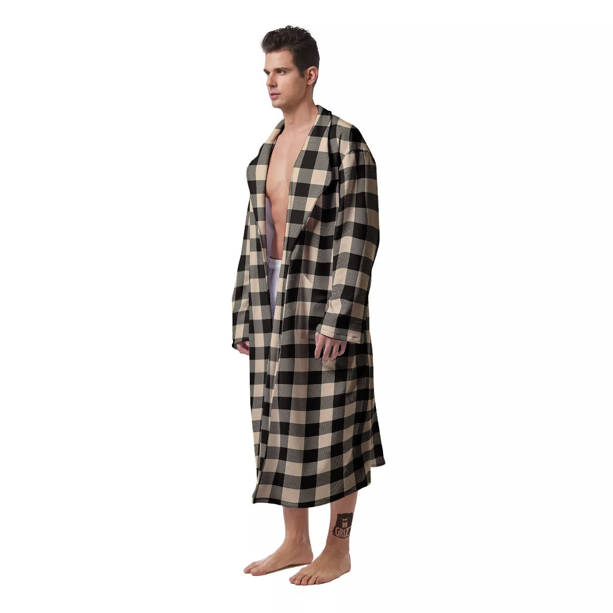 Buffalo Check Black And Beige Print Men's Robe-grizzshop