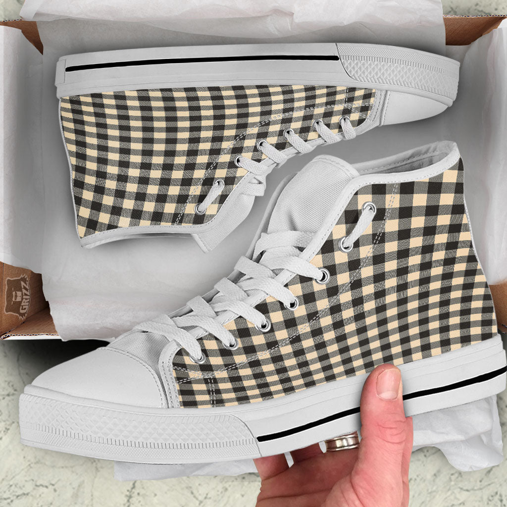 Buffalo Check Black And Beige Print White High Top Shoes-grizzshop
