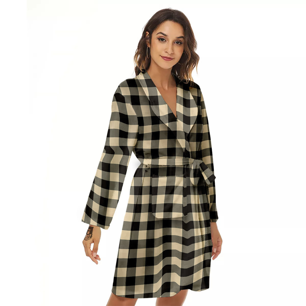 Buffalo Check Black And Beige Print Women's Robe-grizzshop