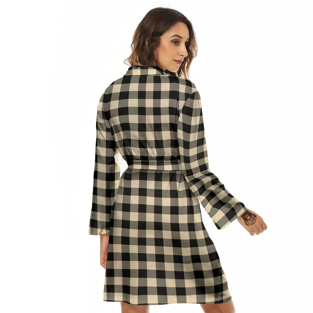 Buffalo Check Black And Beige Print Women's Robe-grizzshop