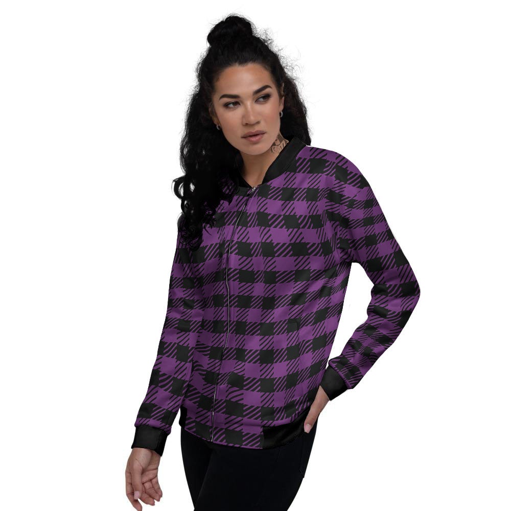 Buffalo Check Black And Purple Print Women's Bomber Jacket-grizzshop