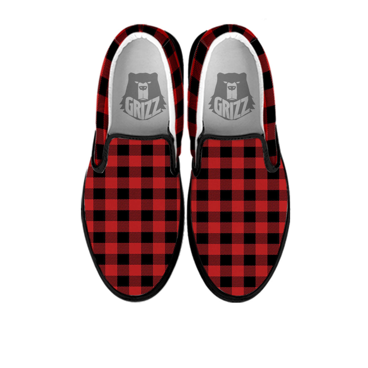 Buffalo Check Black And Red Print Black Slip On Shoes-grizzshop