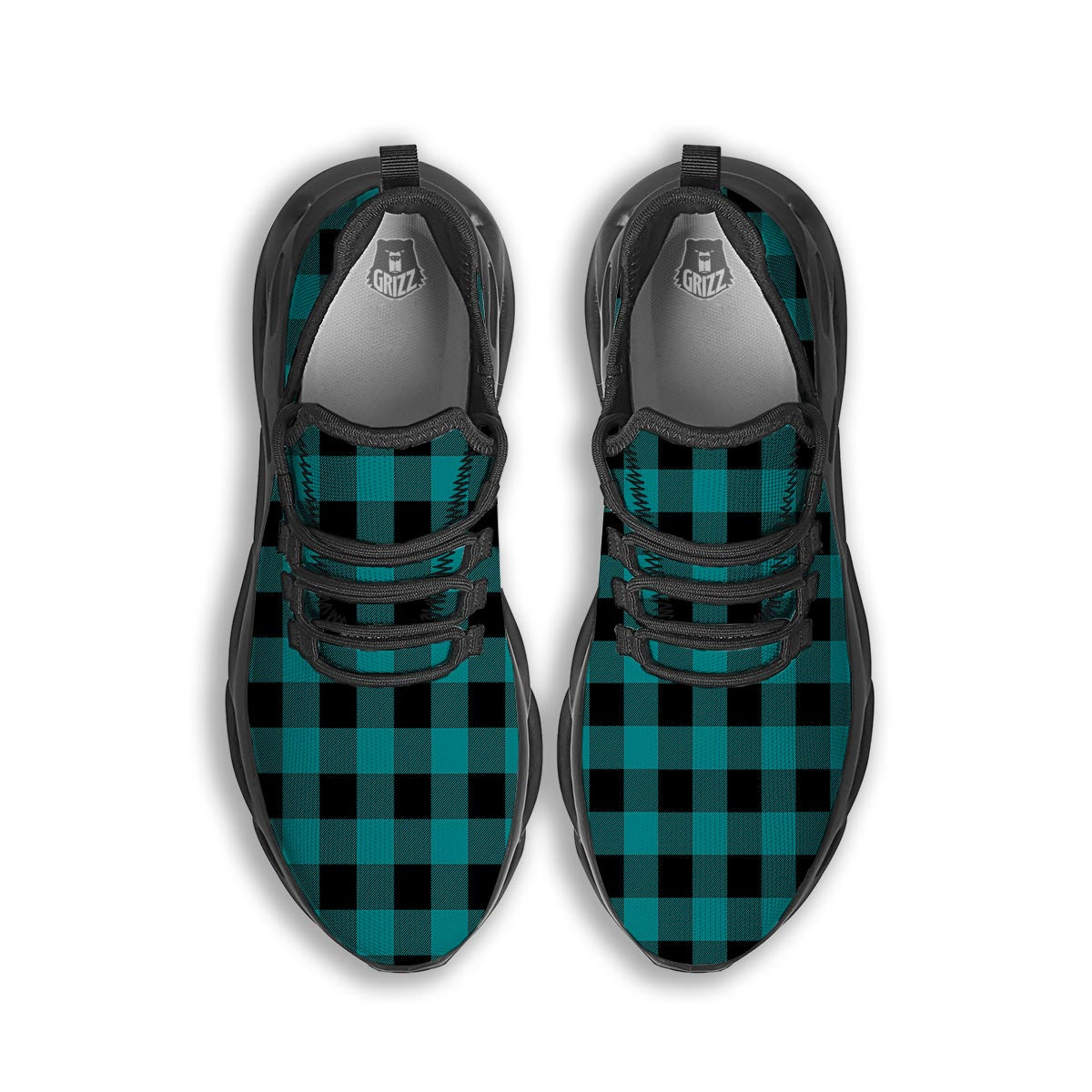 Buffalo Check Black And Teal Print Pattern Black Running Shoes-grizzshop