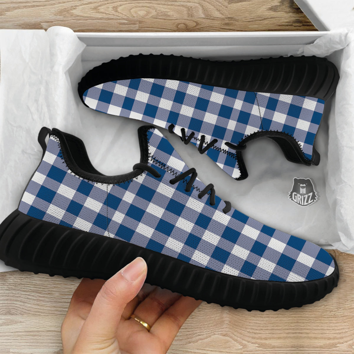 Buffalo Check Blue Print Pattern Black Walking Shoes-grizzshop