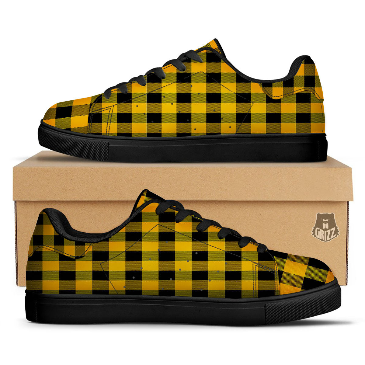 Buffalo Check Fire Yellow Print Pattern Black Low Top Sneakers-grizzshop