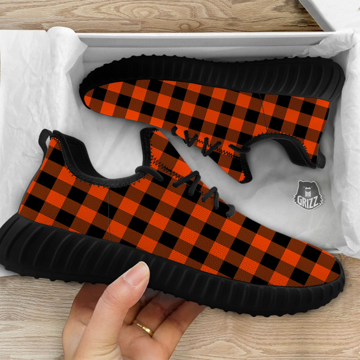Buffalo Check Lava Orange Print Pattern Black Walking Shoes-grizzshop