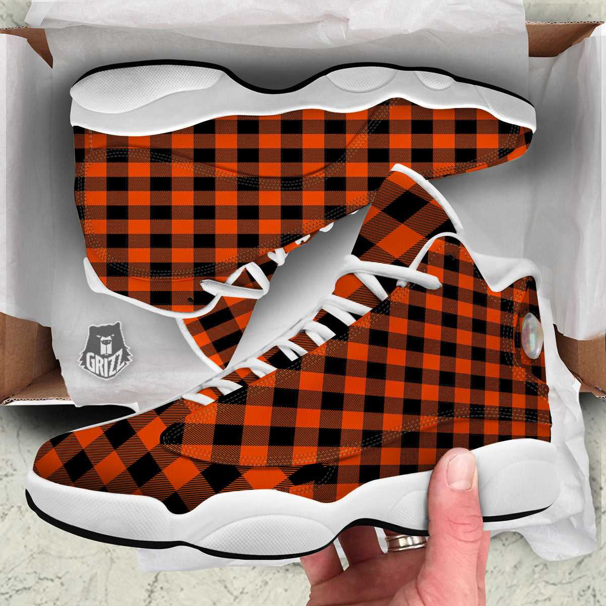 Buffalo Check Lava Orange Print Pattern White Basketball Shoes-grizzshop