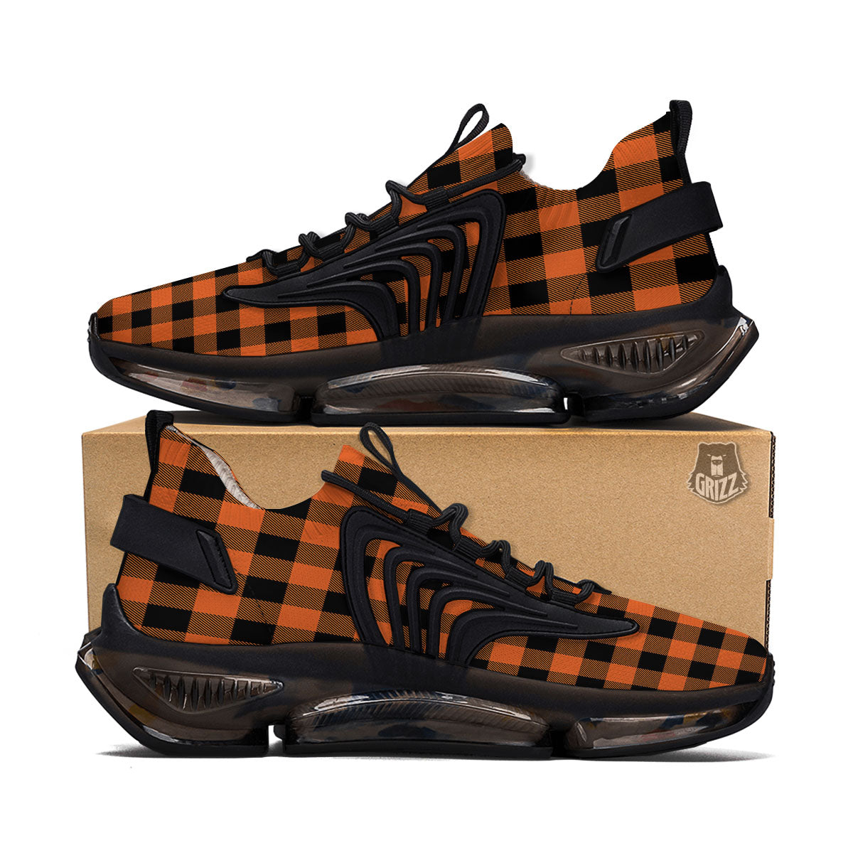 Buffalo Check Orange Print Pattern Black Gym Shoes-grizzshop