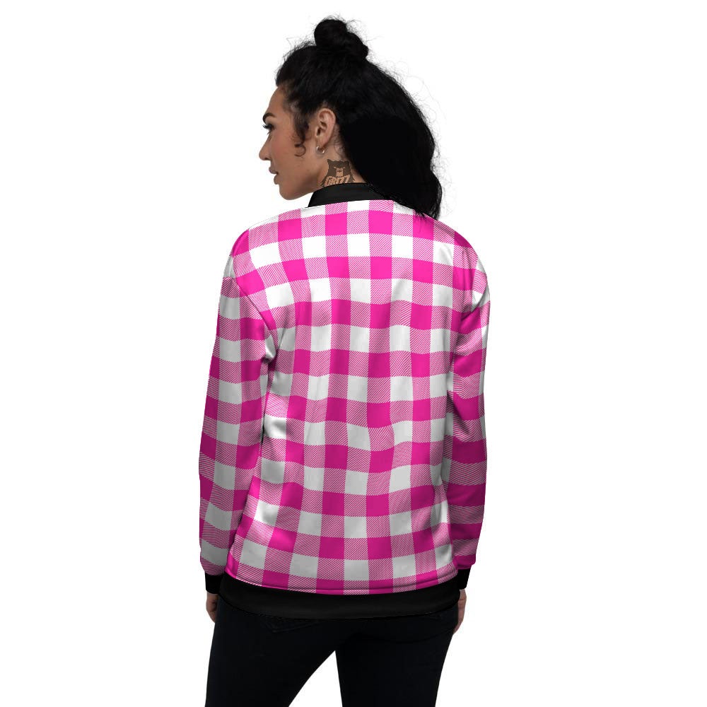 Buffalo Check Pink And White Print Women's Bomber Jacket-grizzshop