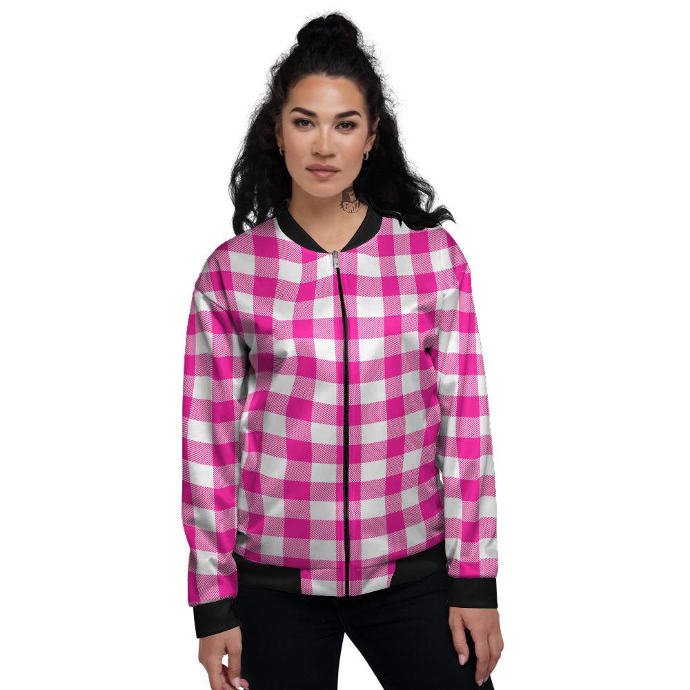 Buffalo Check Pink And White Print Women's Bomber Jacket-grizzshop
